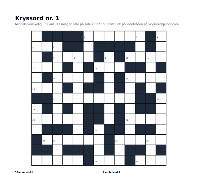 Forhåndsvisning av kryssord nr. 1 med rutenett og ledetråder